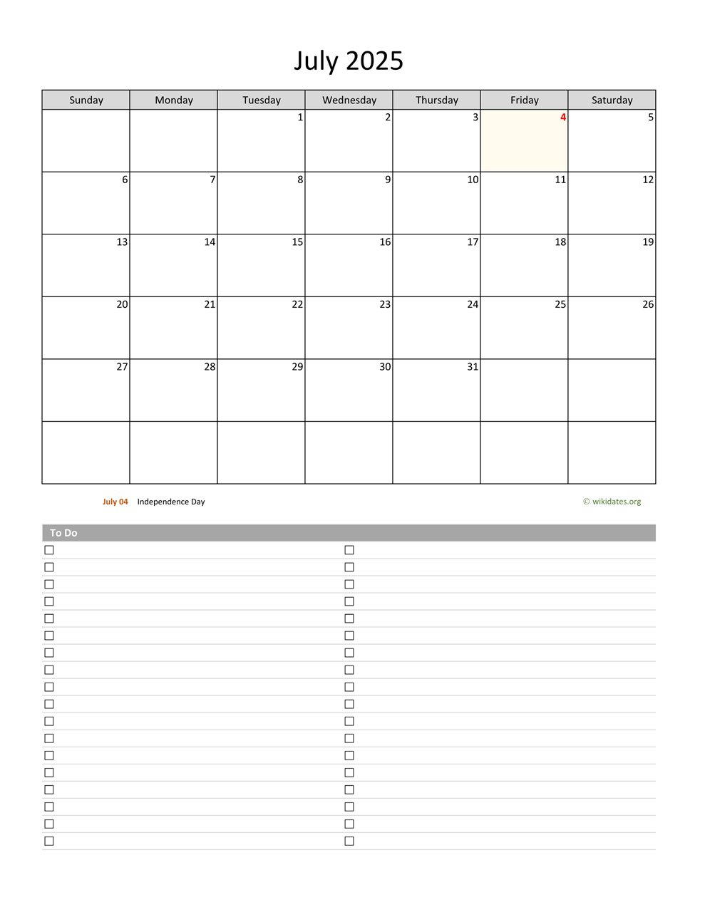 July 2025 Calendar Date