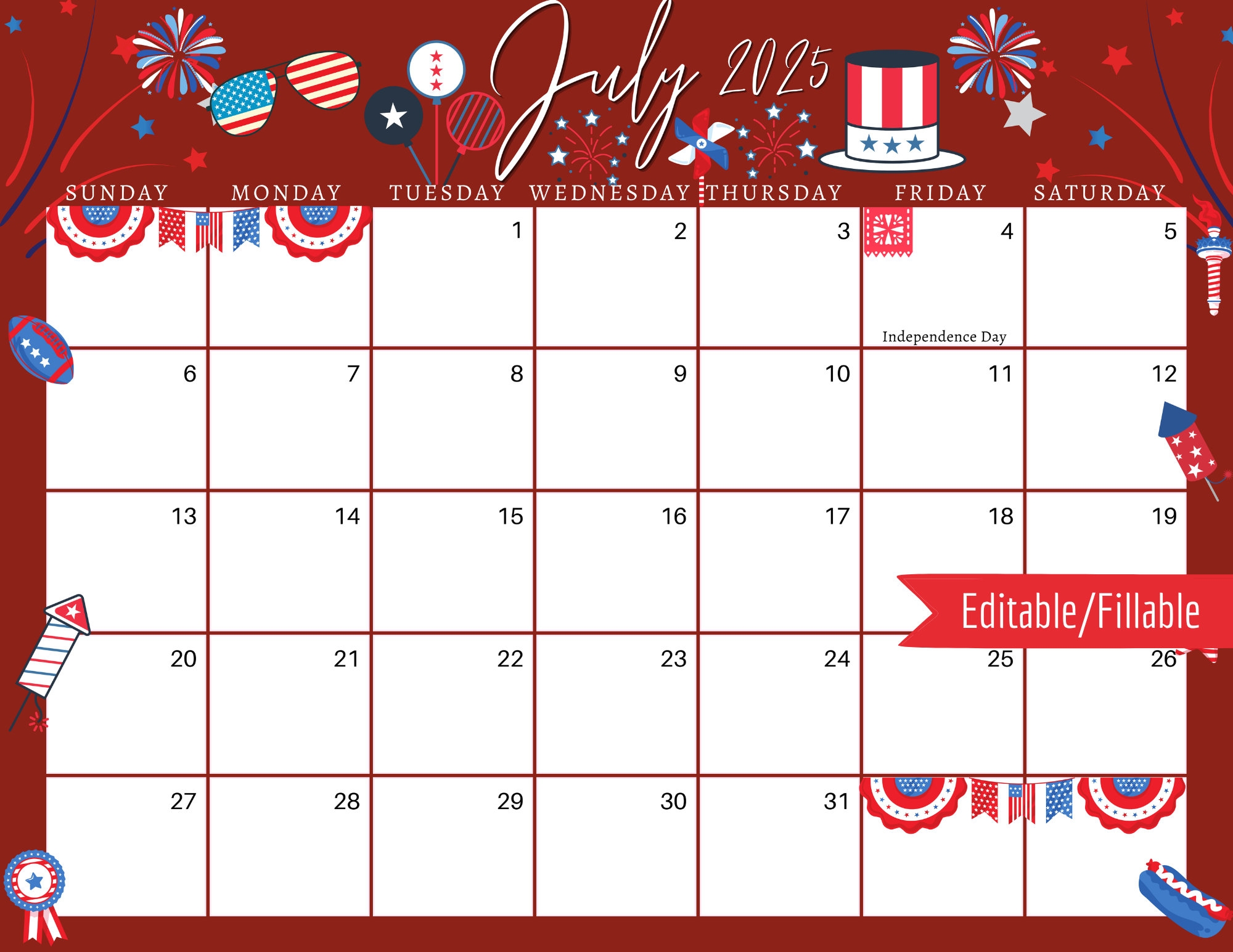 July 2025 Digital Calendar Red 4th Of July Planner Editable Fillable Printable Calendar For Planning PDF PNG And JPG Download Etsy UK
