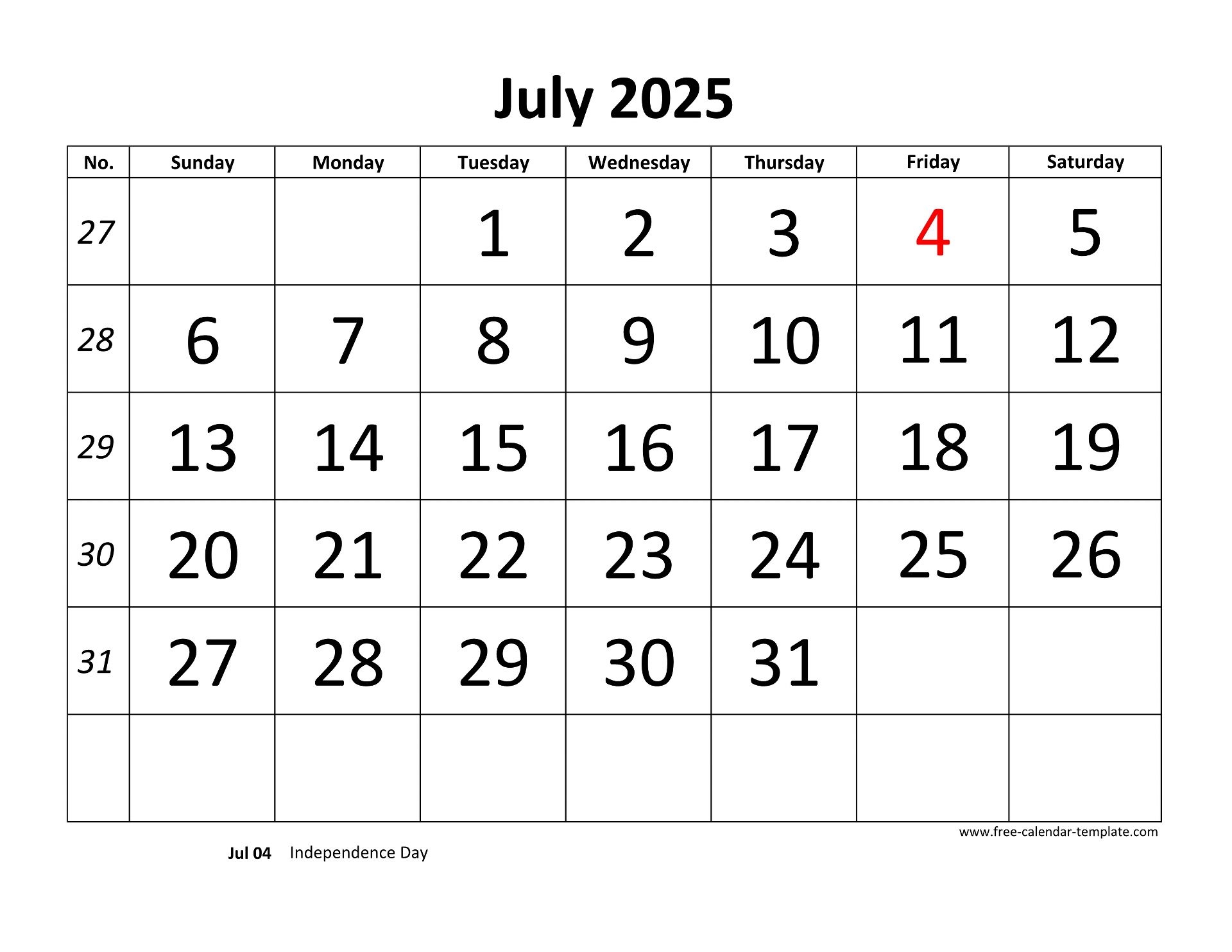 July 2025 Calendar Editable