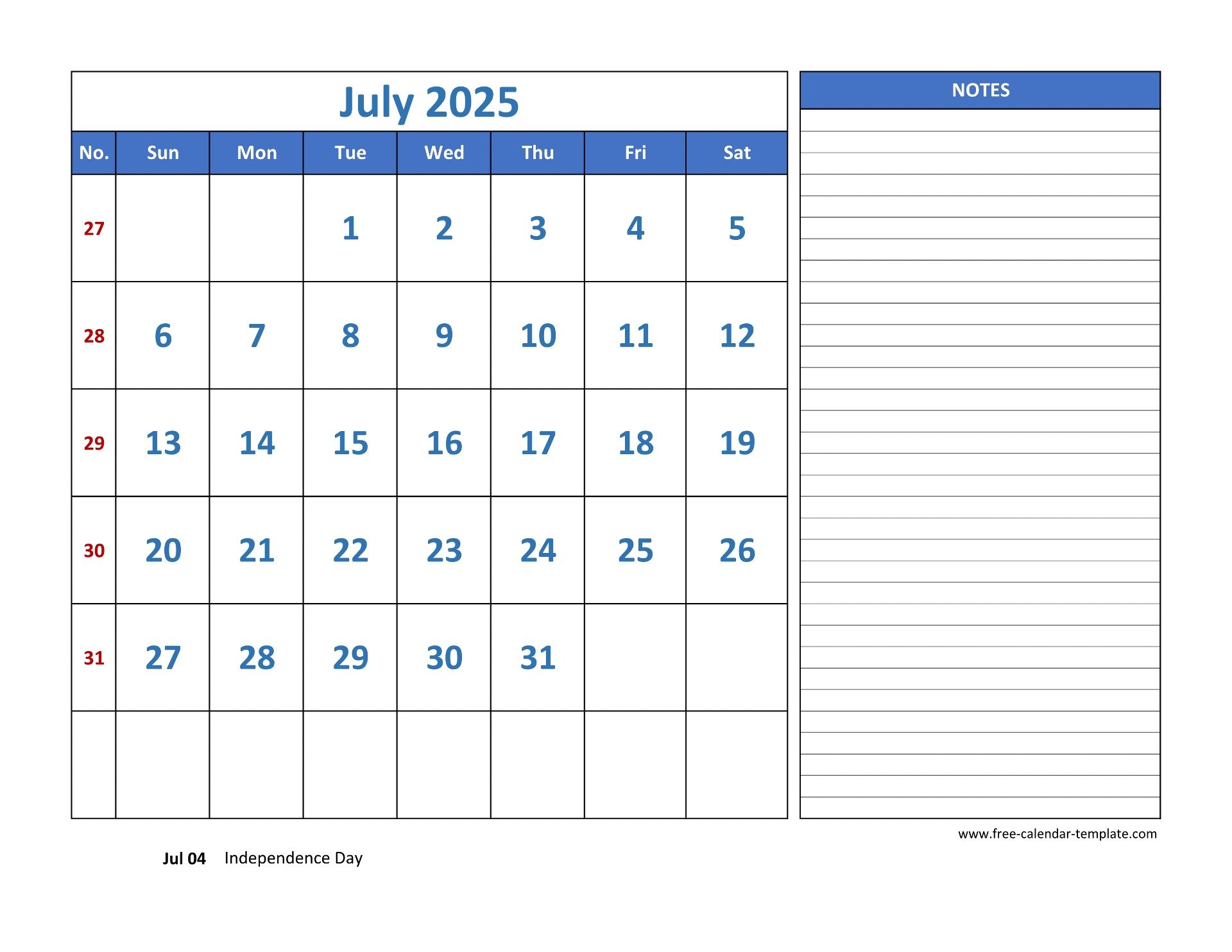Word July 2025 Calendar