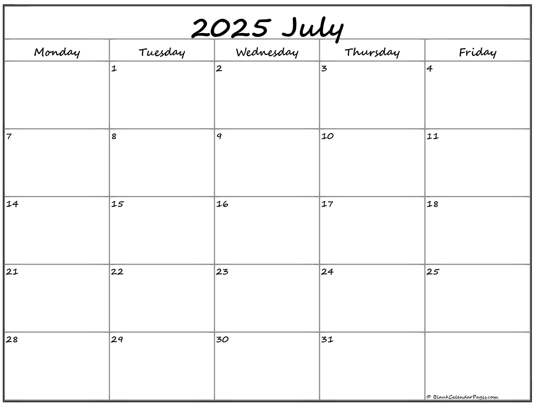 July 2025 Monday Calendar Monday To Sunday