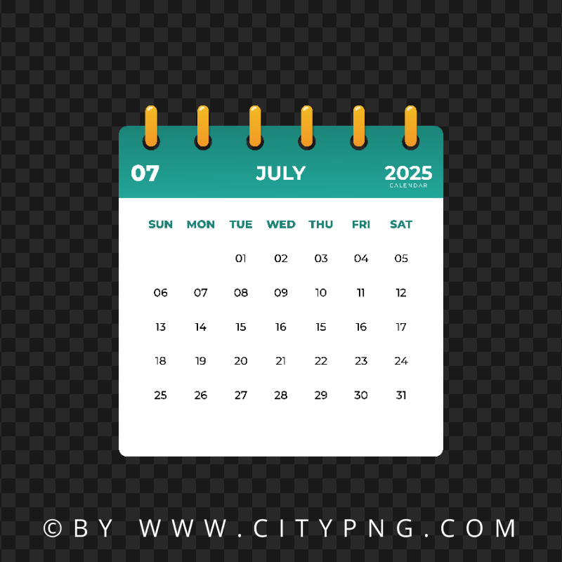 July 2025 Month Green Calendar Page Vector Citypng