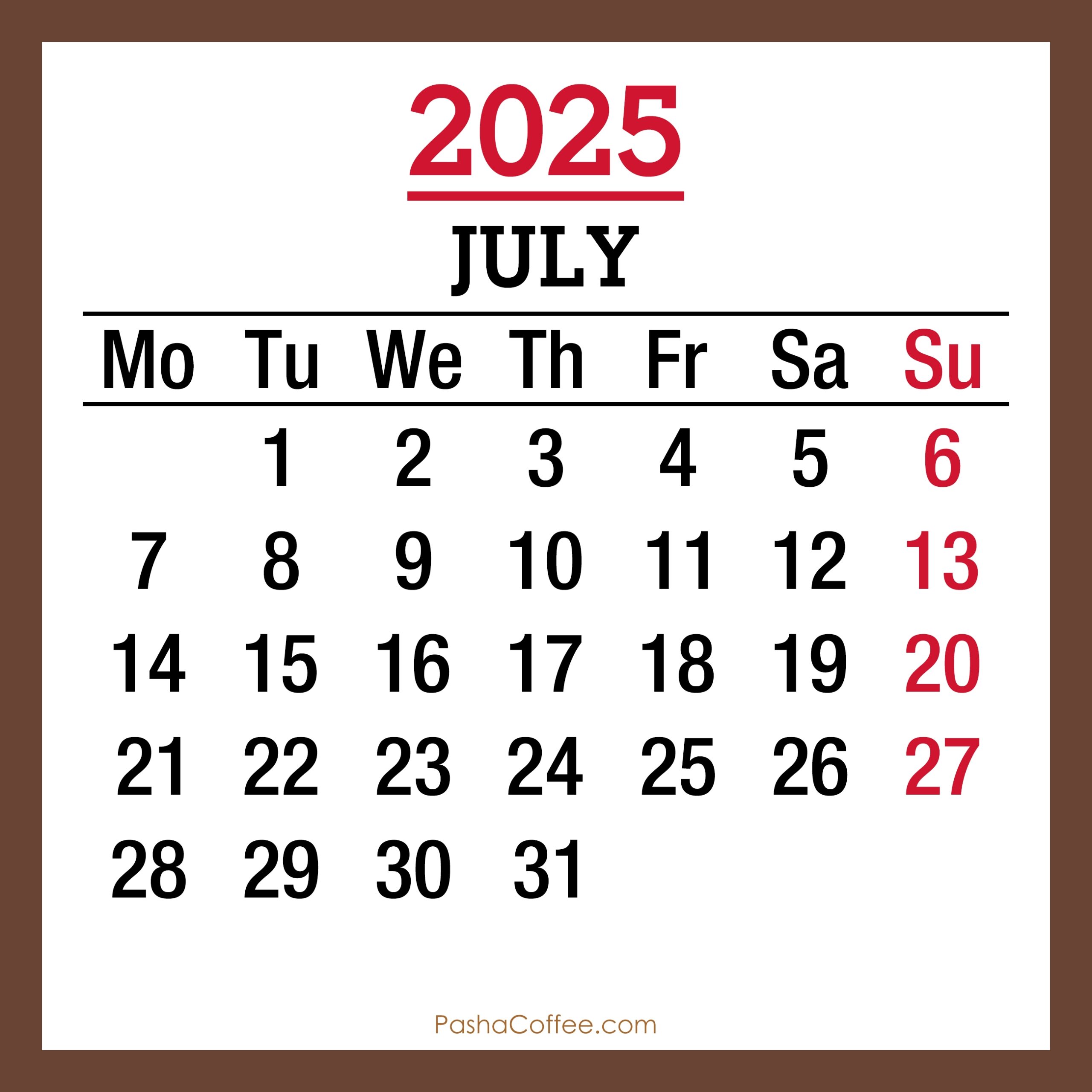 July 2025 Monthly Calendar Printable Free Brown Monday Start 
