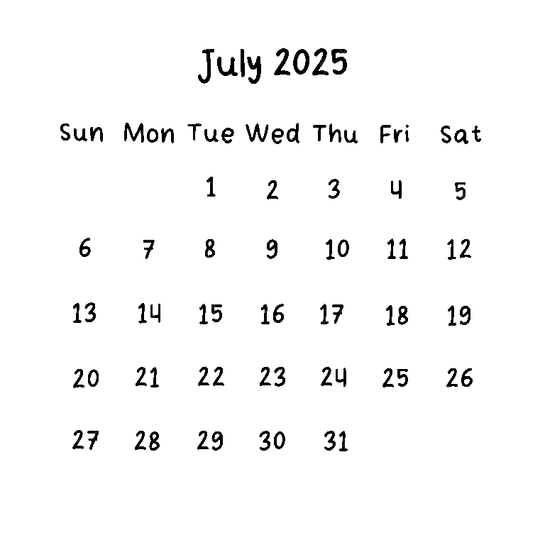 July 2025 Plain Calendar In Black Color July Calendar 2025 PNG 