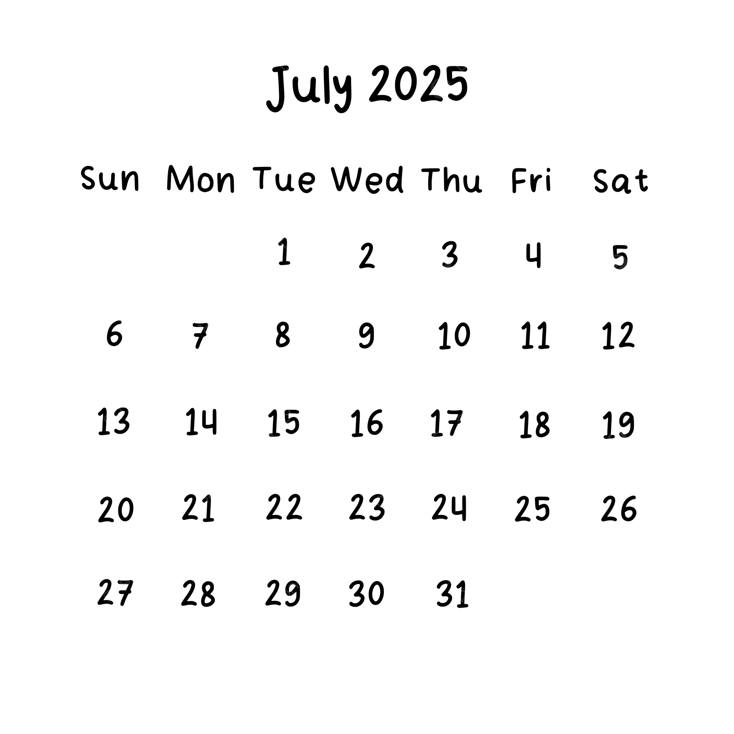 July 2025 Plain Calendar In Black Color July Calendar 2025 PNG 