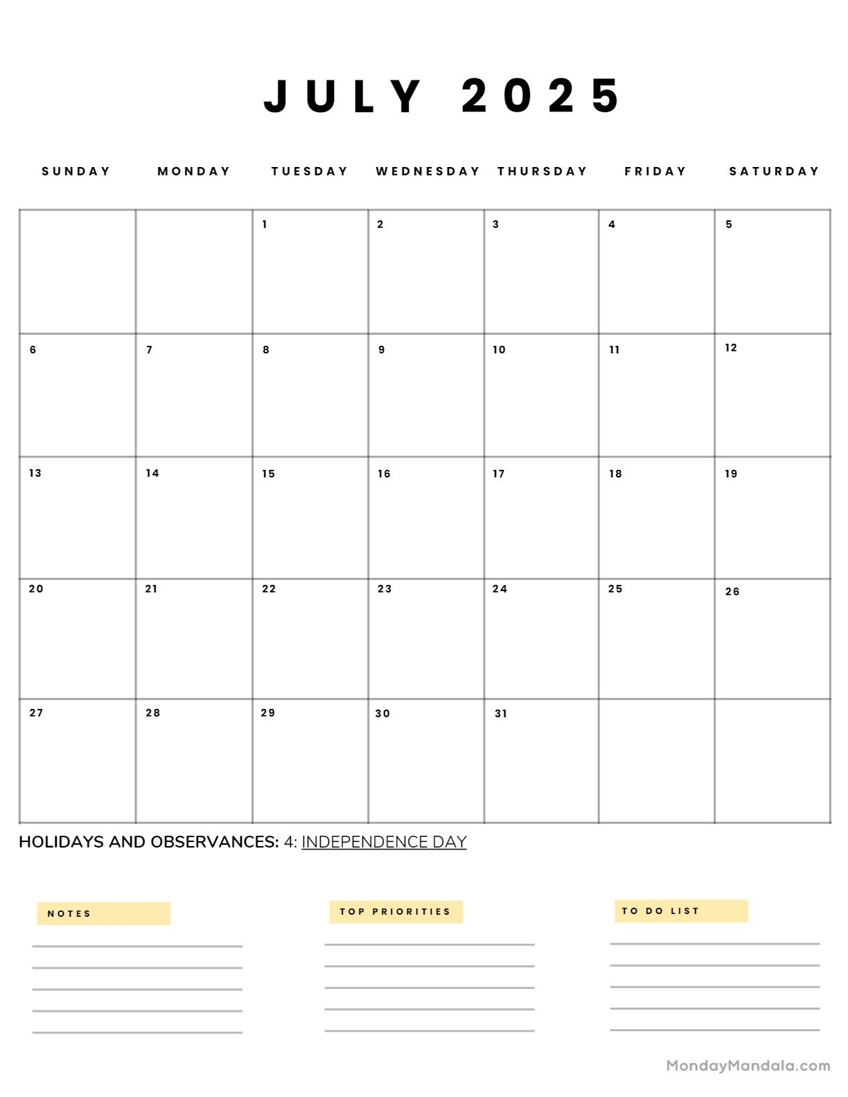 Printable Monthly Calendar July 2025