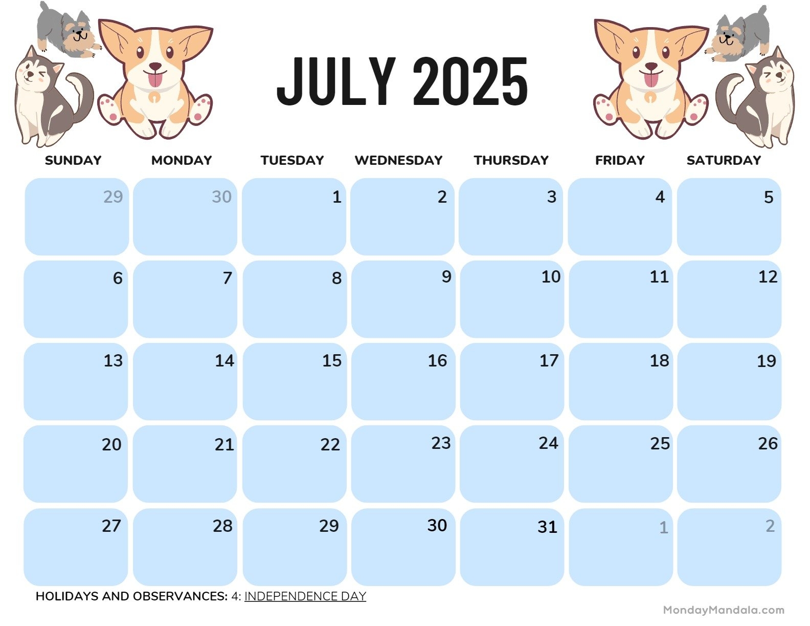 Printable Calendar July 2025 Starting Monday