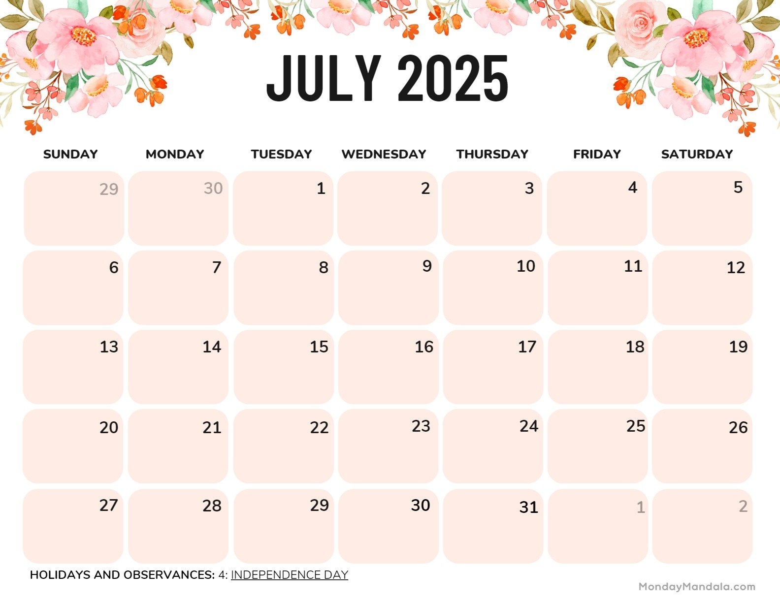 July 2025 Calendar Printable Monday Start