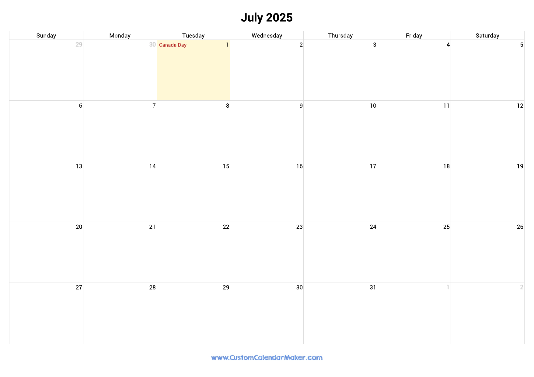 July 2025 Printable Calendar With Canadian Holidays Custom Calendar Maker