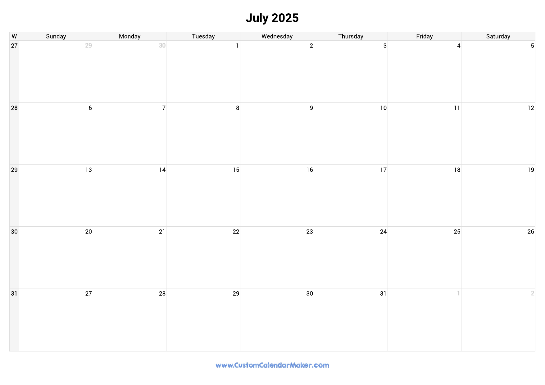 July 2025 Calendar With Week Numbers