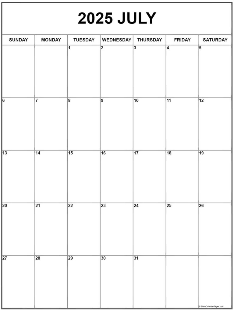 July 2025 Vertical Calendar Portrait