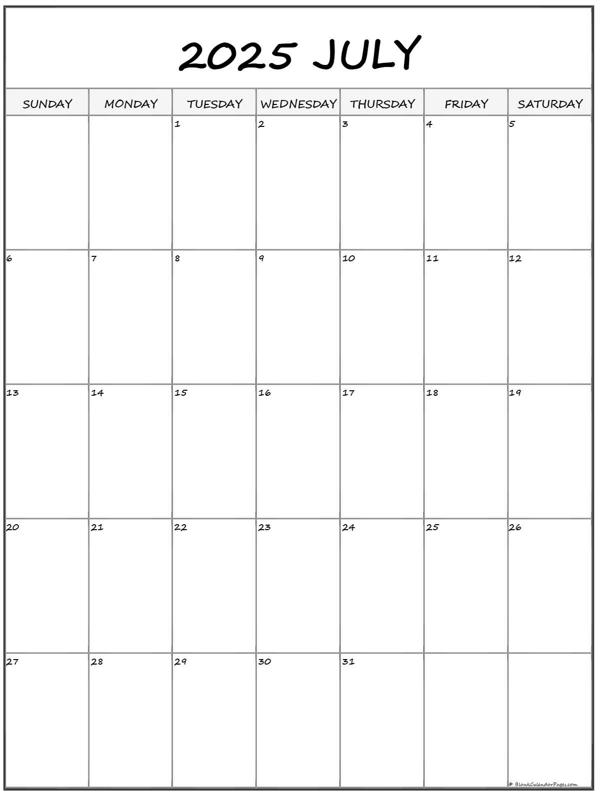 July 2025 Vertical Calendar Portrait