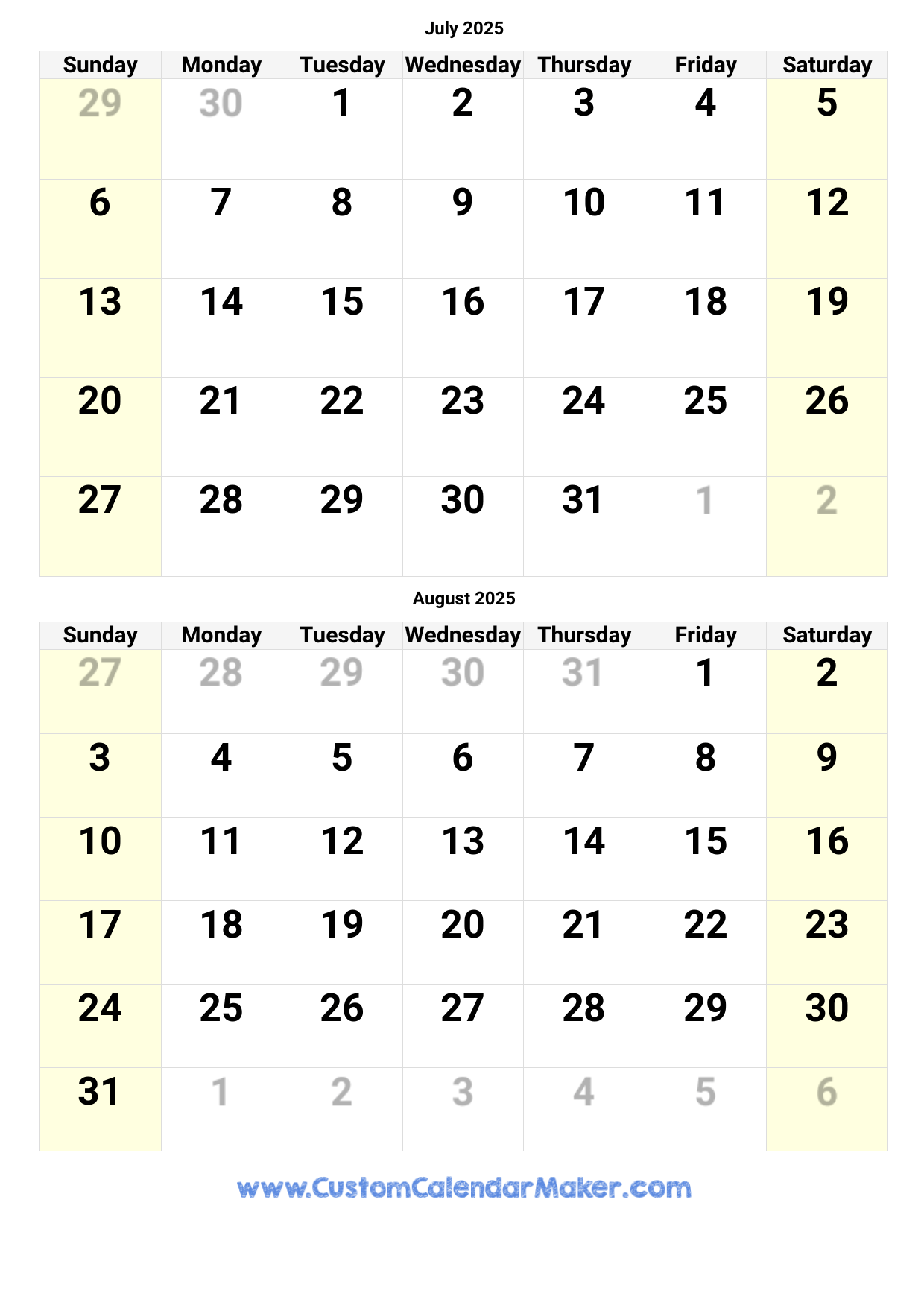 August July 2025 Calendar