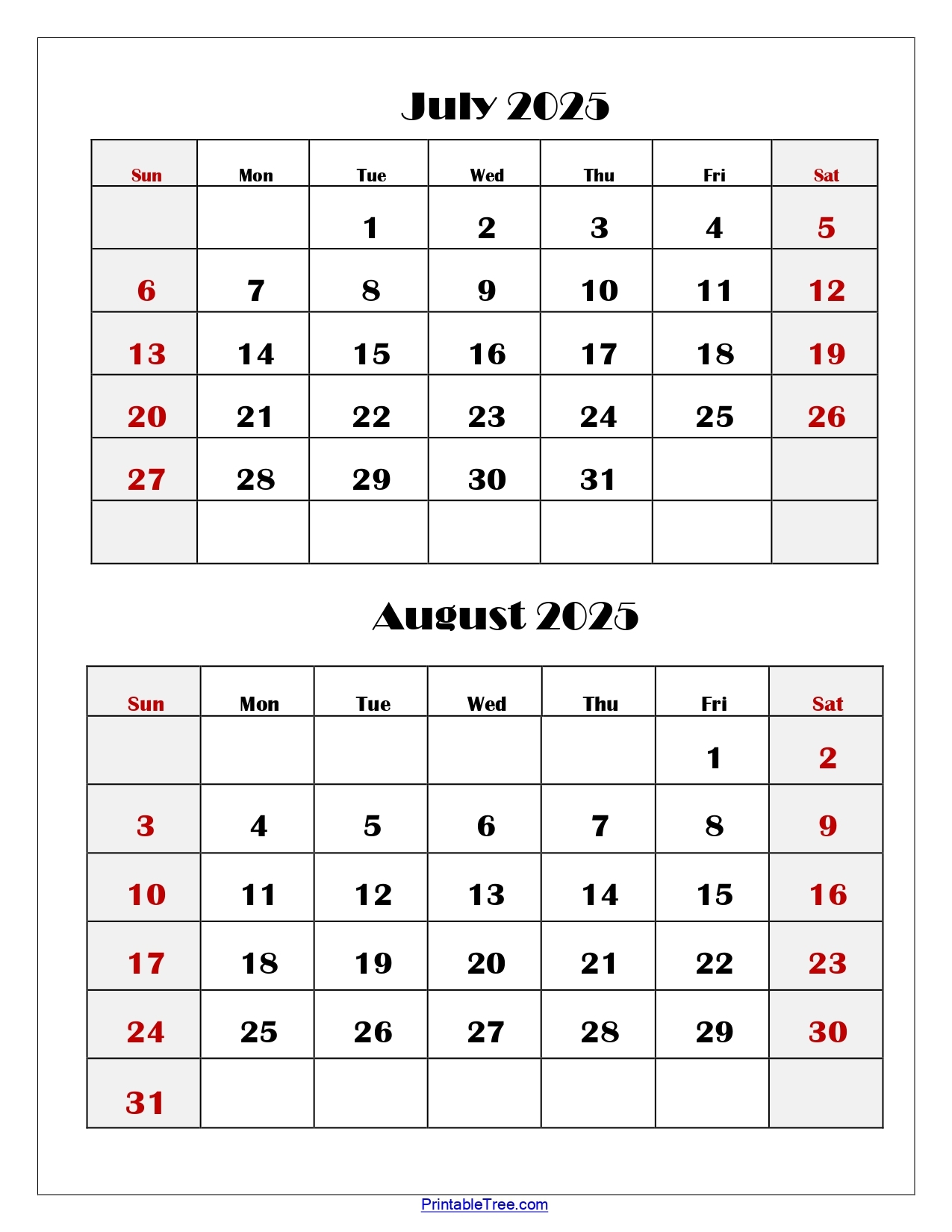 July August 2025 Calendar Printable