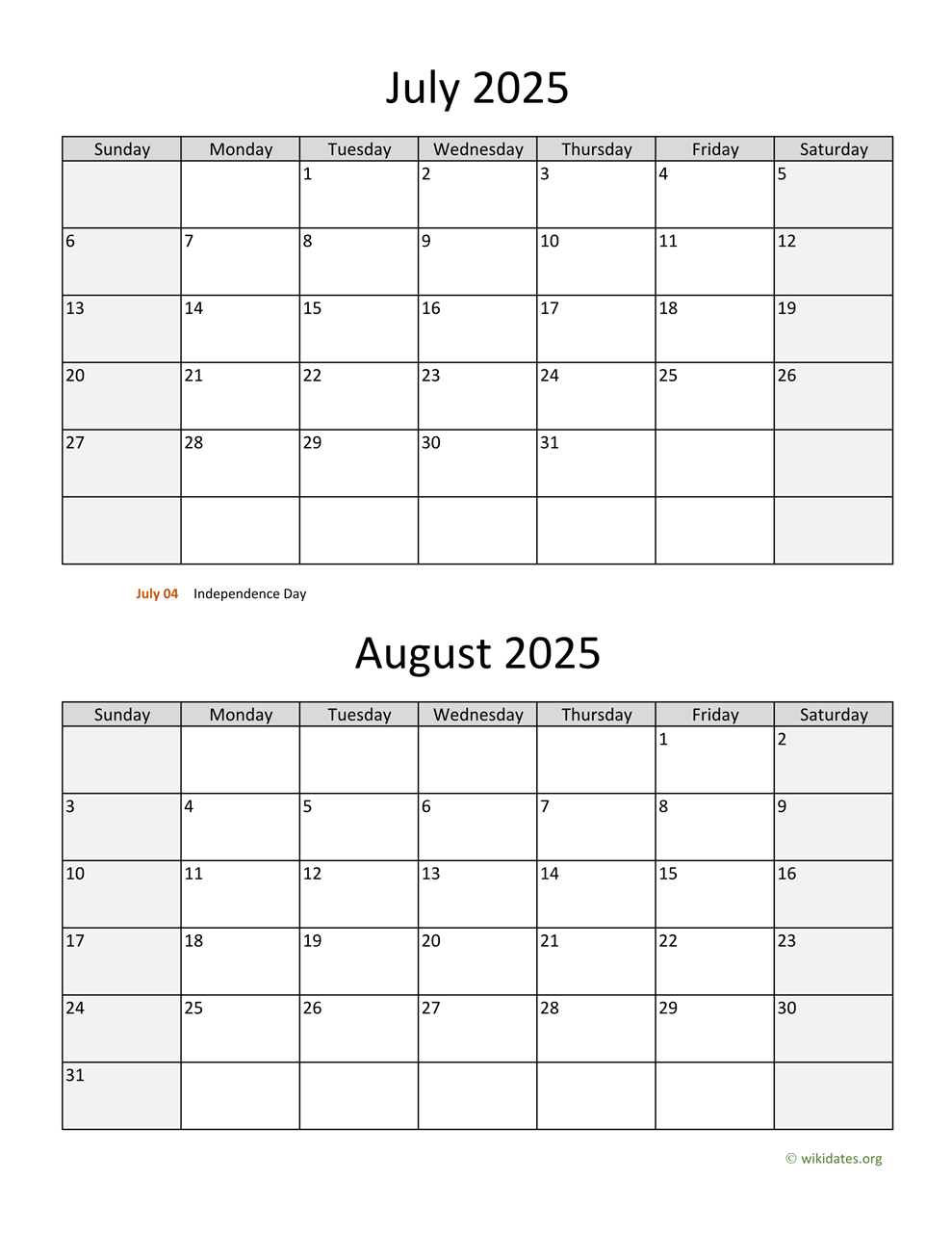 June -August 2025 Calendar