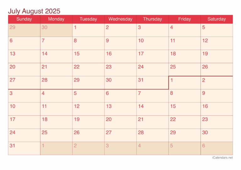July And August 2025 Printable Calendar
