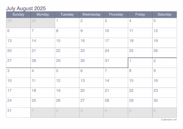 July And August 2025 Printable Calendar