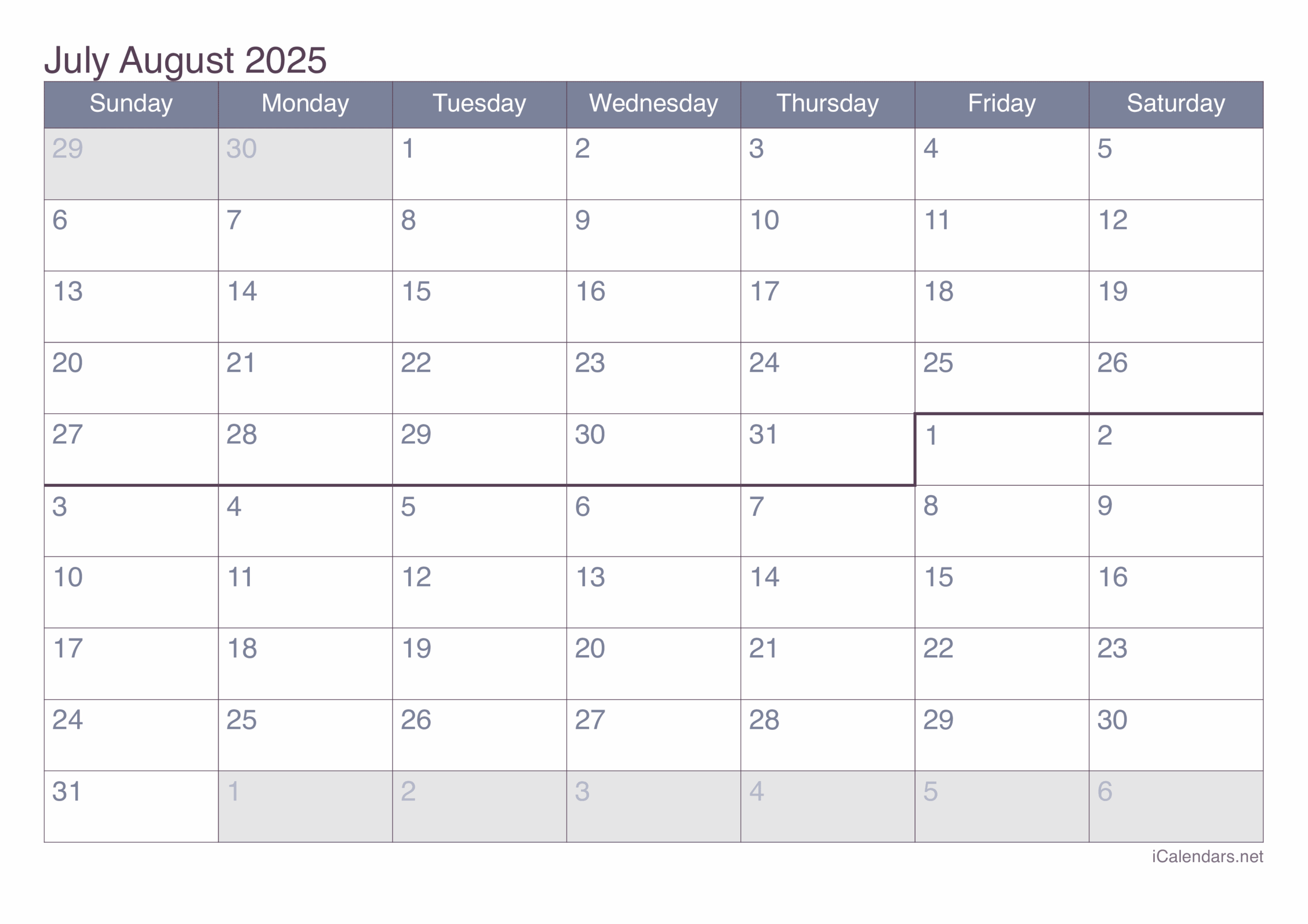 Calendar Excel July 2025