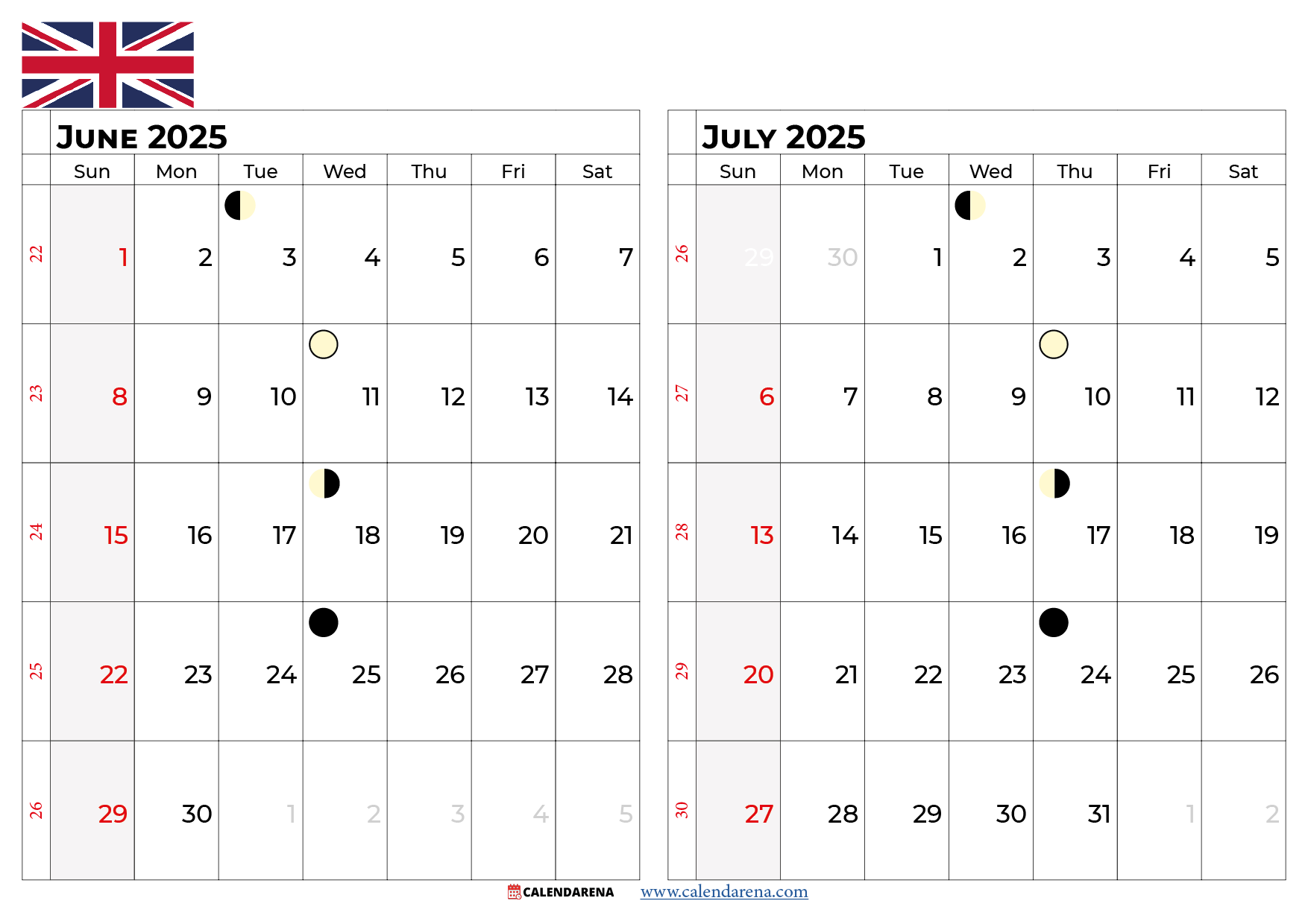 July Calendar 2025 UK