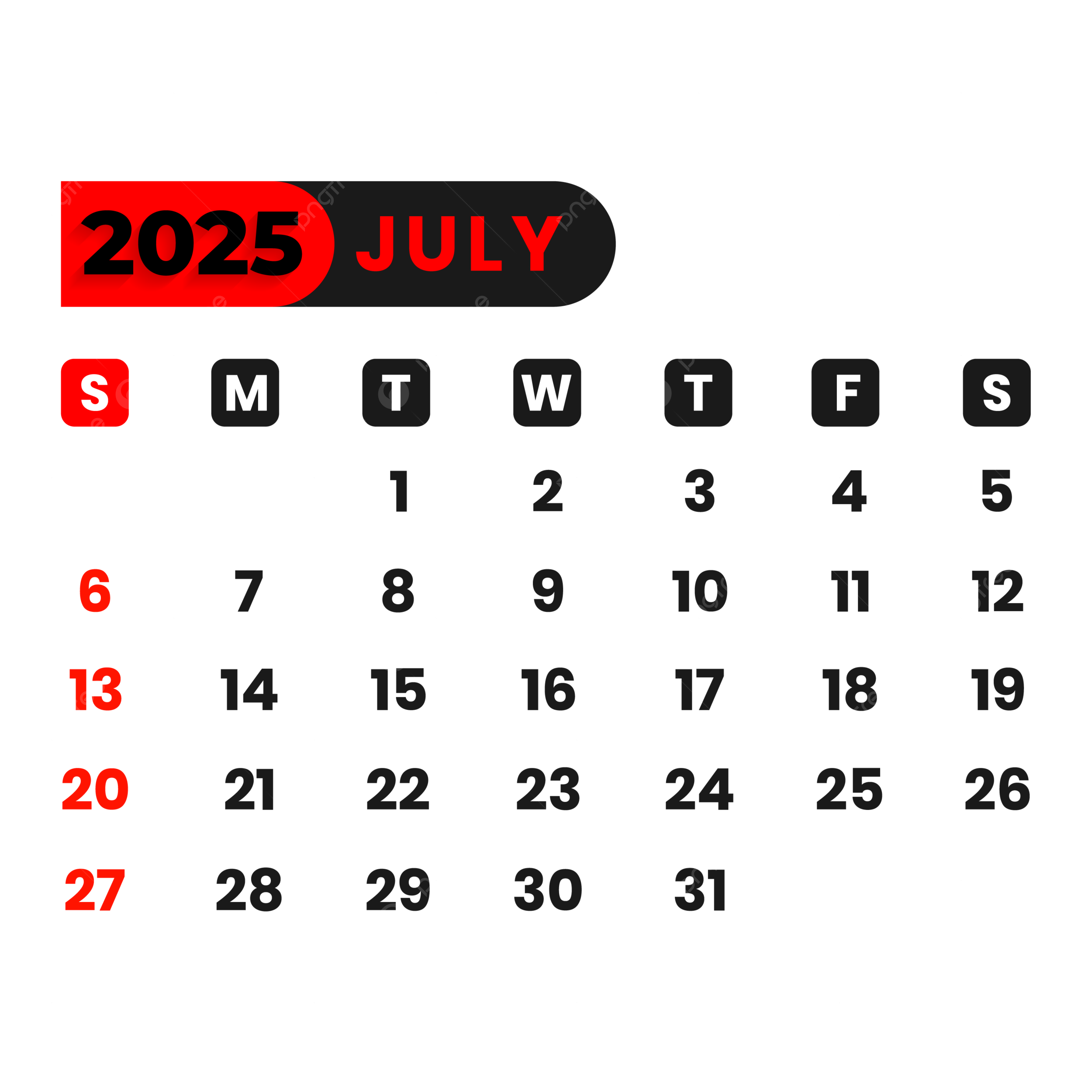 July Calendar 2025 Vector July Calendar 2025 PNG And Vector 