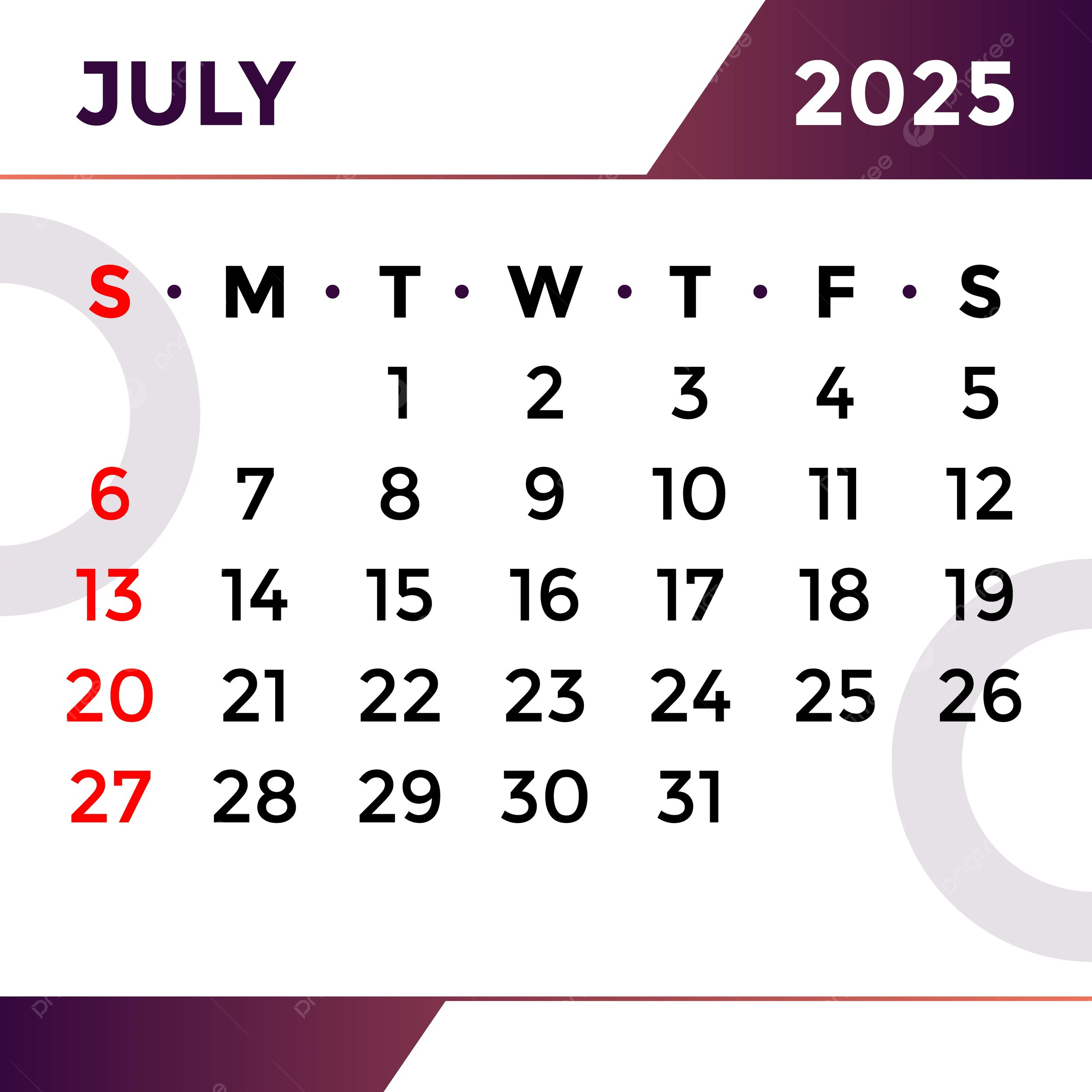 July Month Calendar 2025 Vector Template Download On Pngtree