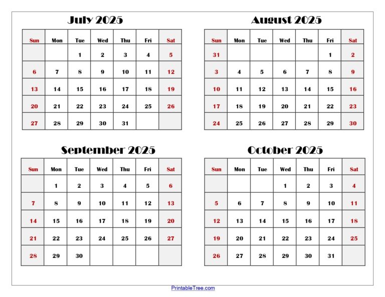 July To October 2025 Calendar Printable PDF Four Months Calendar