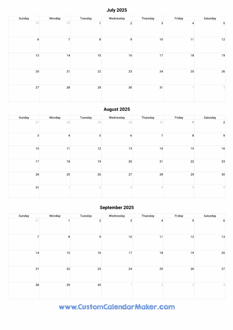 July To September 2025 Calendar Printable Custom Calendar Maker