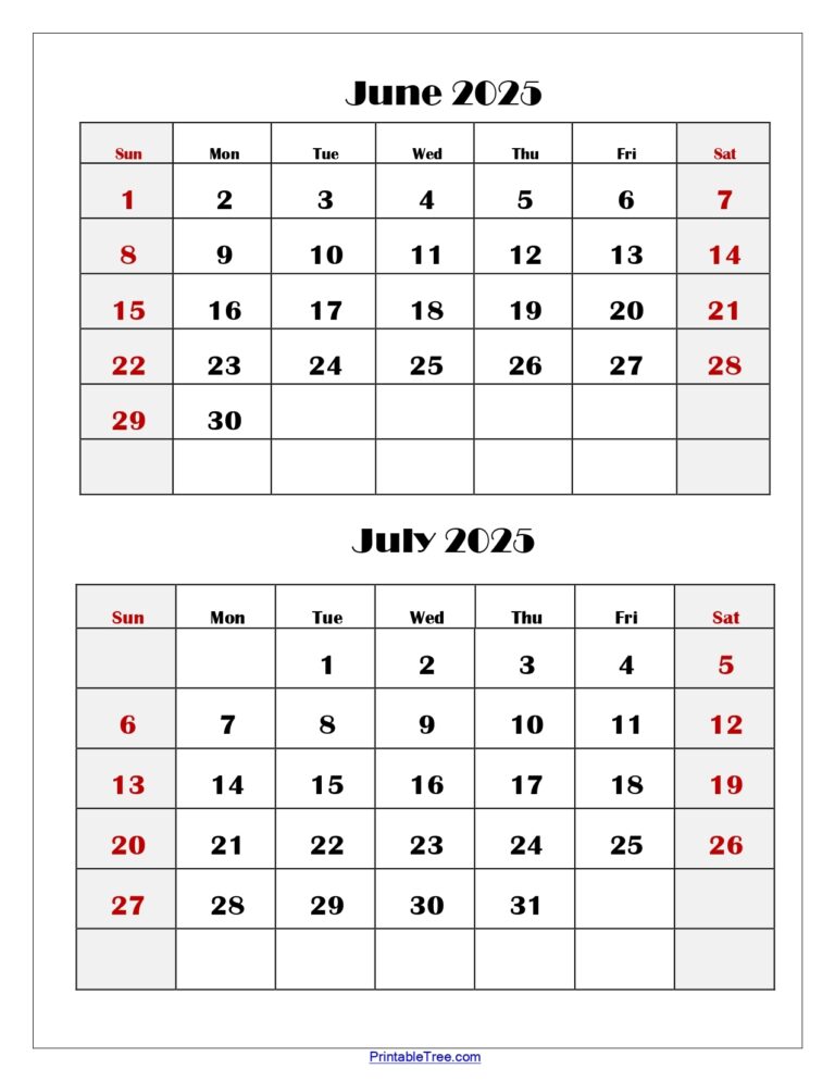 June And July 2025 Calendar Printable PDF Two Months Calendar