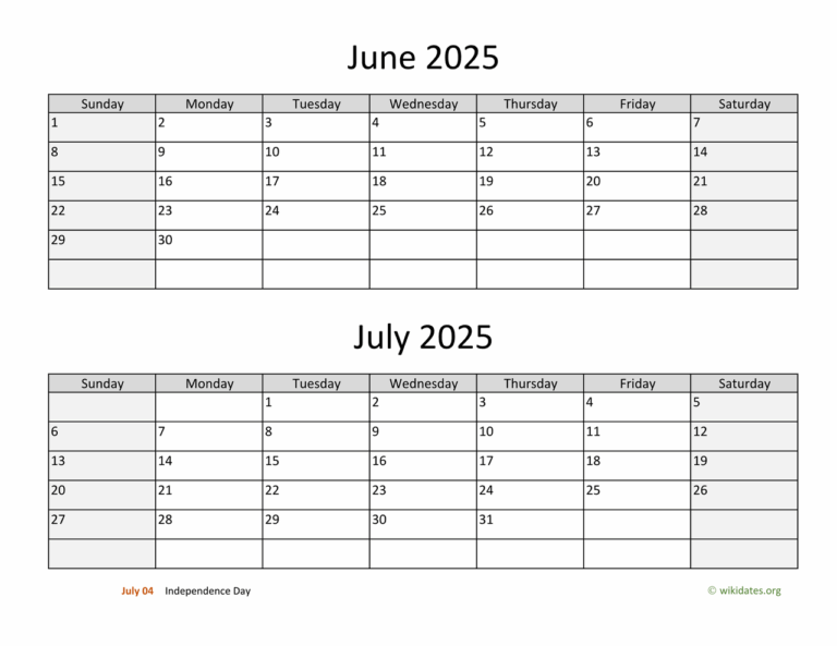 June And July 2025 Calendar WikiDates
