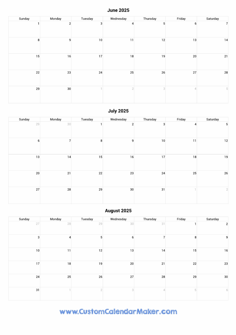 June To August 2025 Calendar Printable Custom Calendar Maker