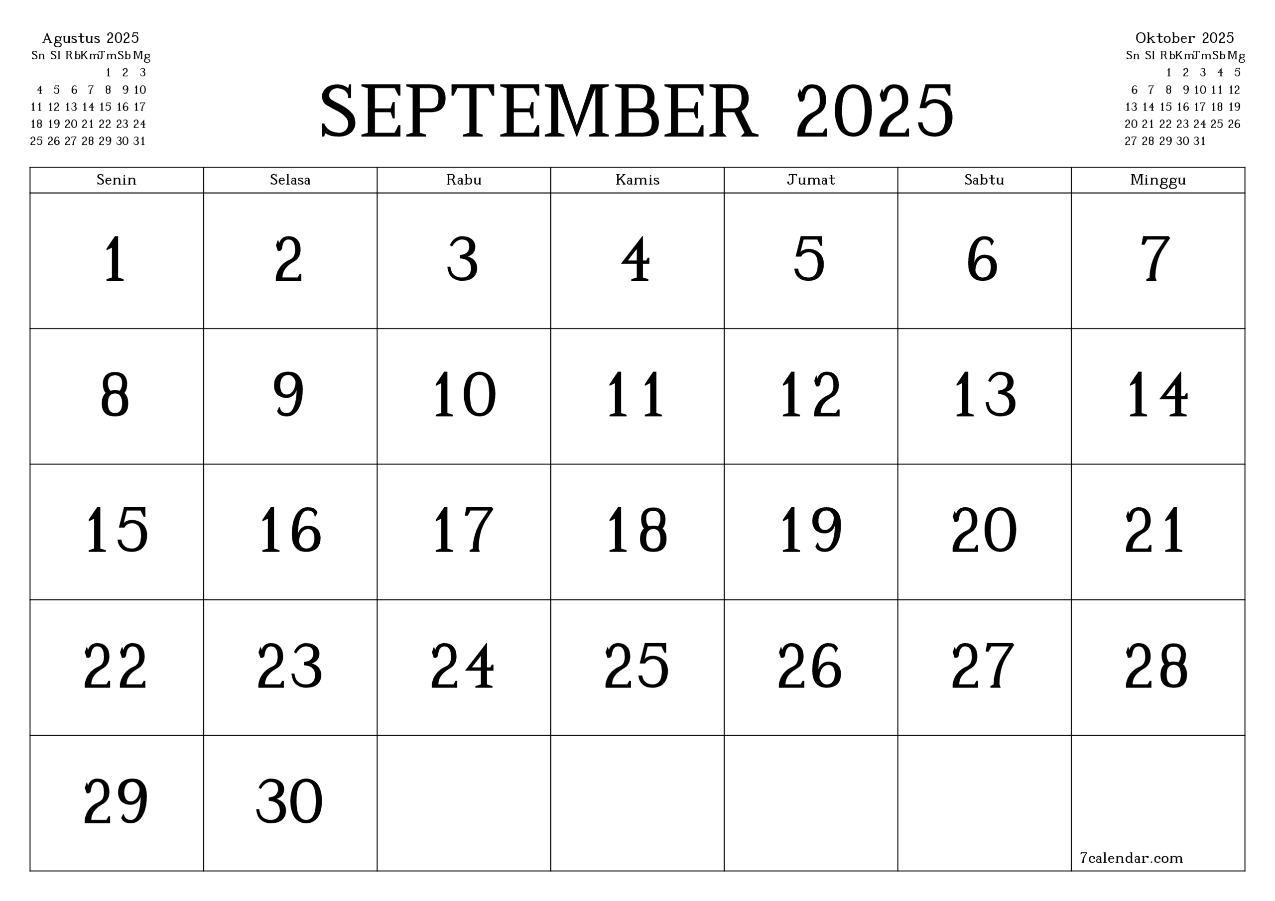 Kalender Dan Agenda Untuk Pencetakan September 2025 A4 A3 Ke PDF Dan PNG 7calendar