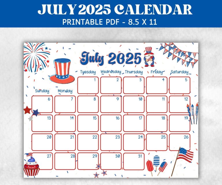 Kids July 2025 Calendar Printable 2025 Calendar Homeschool 