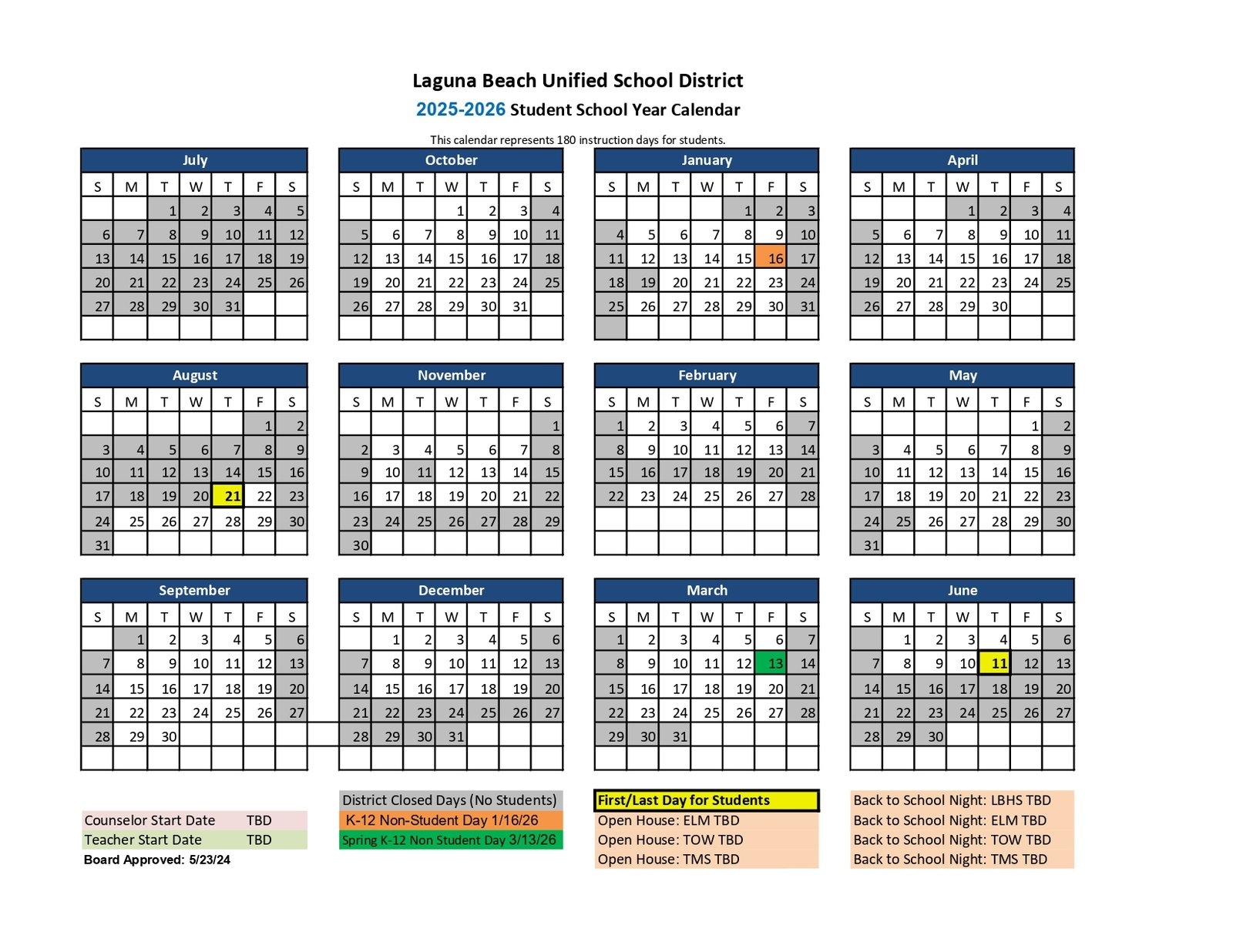 Laguna Beach Unified School District Calendar 25 26 Revised 