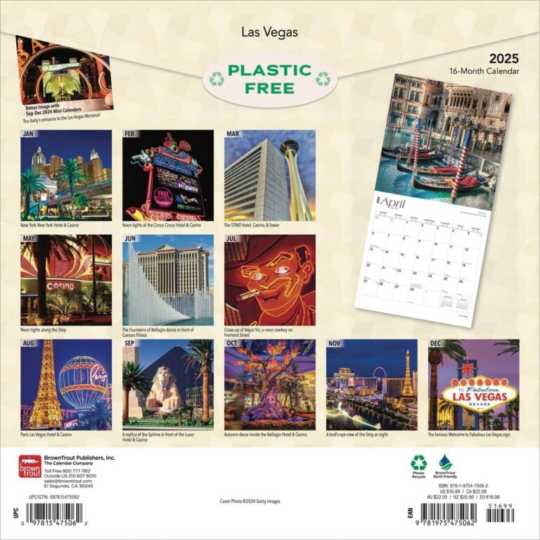 Las Vegas 2025 12 X 24 Inch Monthly Square Wall Calendar Foil Stamped Cover Plastic Free BrownTrout USA United States Of America Nevada