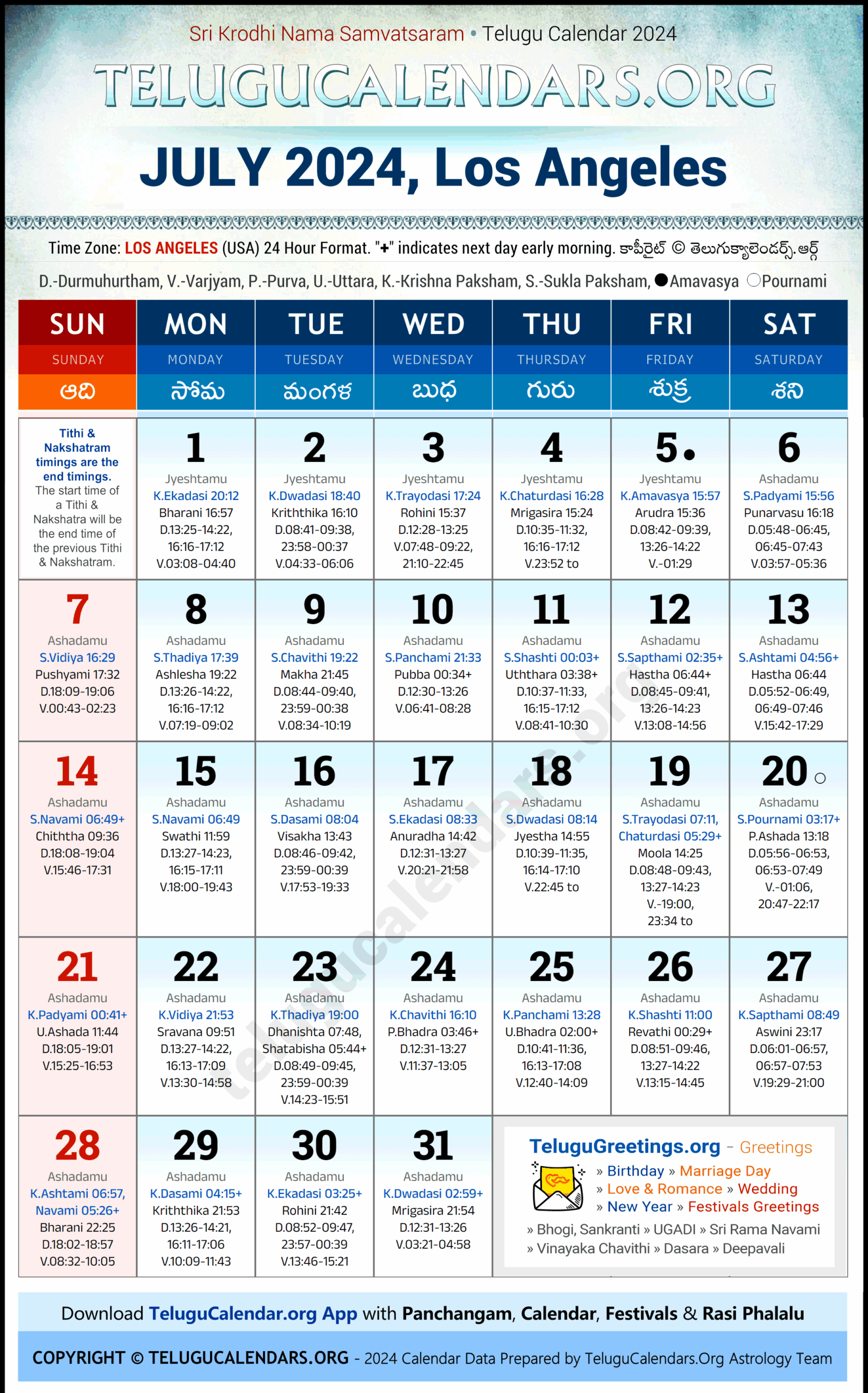Los Angeles 2024 July Telugu Calendar Festivals U0026 Holidays In 