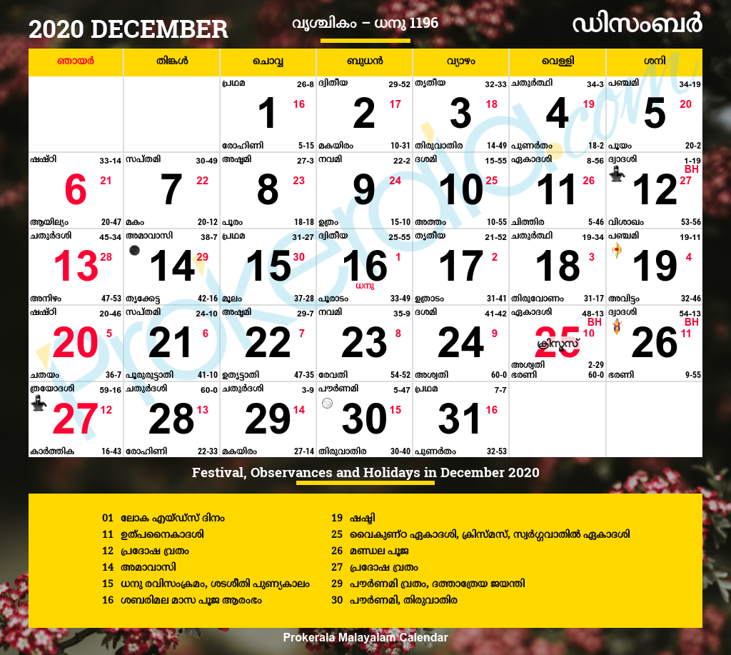 Malayalam Calendar December 2025