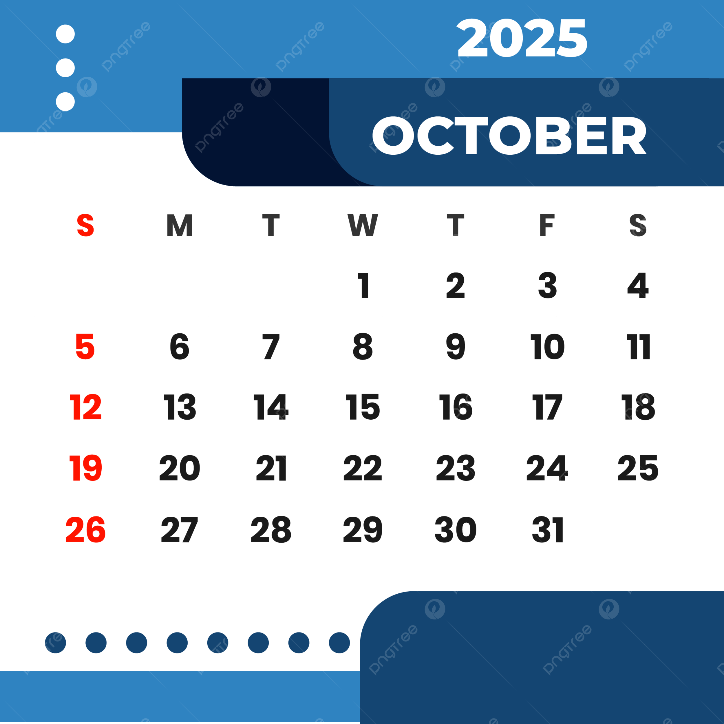 Month October 2025 Blue Calendar Clipart Vector Month October 