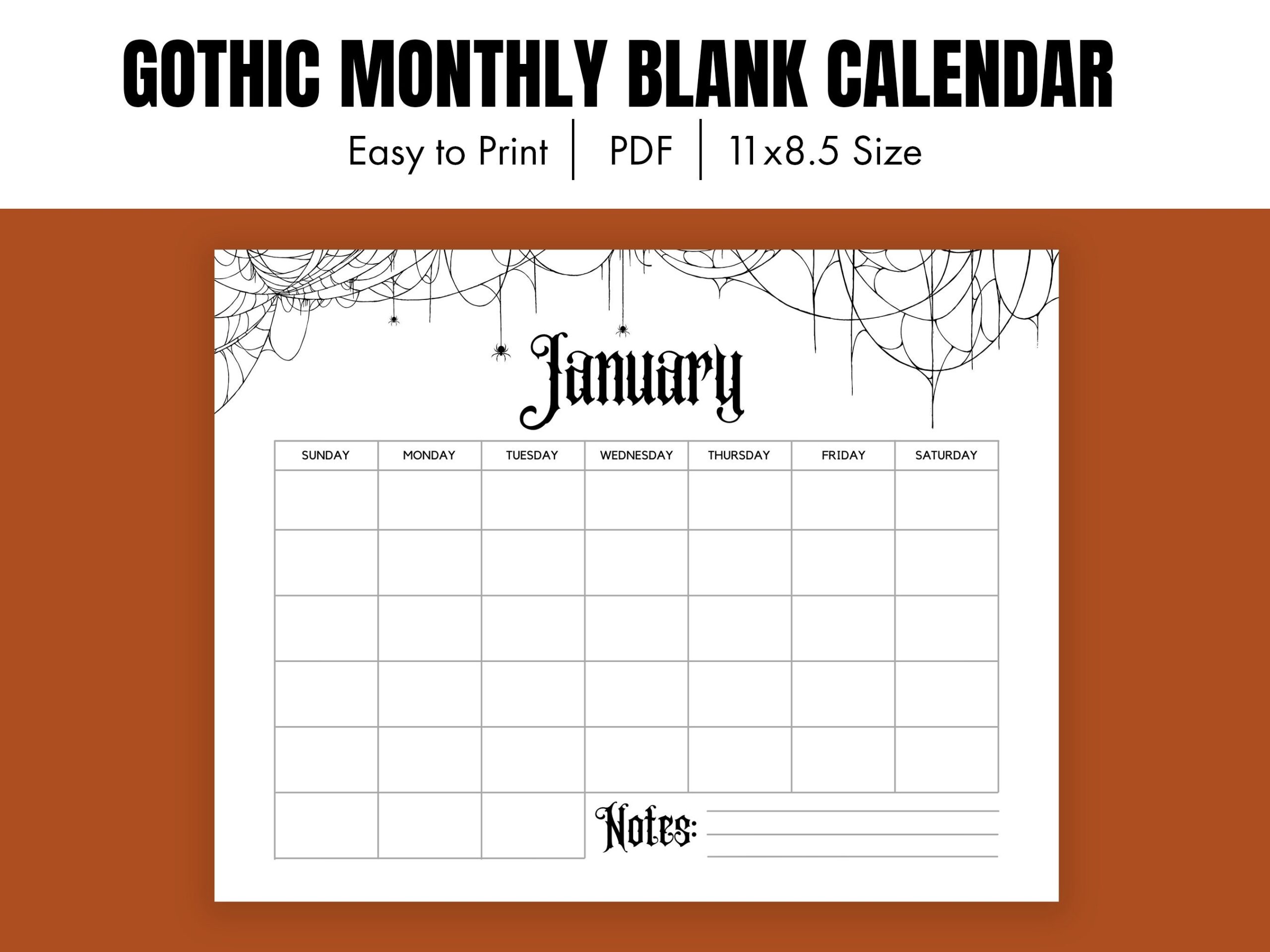 Monthly Blank Calendar Gothic Calendar Spooky Horizontal Halloween Calendar Pages Instant Download 11 X 8 5 Inches PDF Printable Etsy