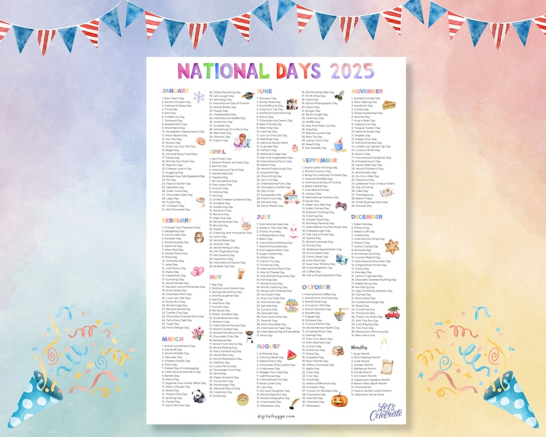 National Days Calendar Printable 2025 National Holidays Calendar Social Media Ideas 365 Days To Celebrate Fun Days Silly Holidays Etsy New Zealand