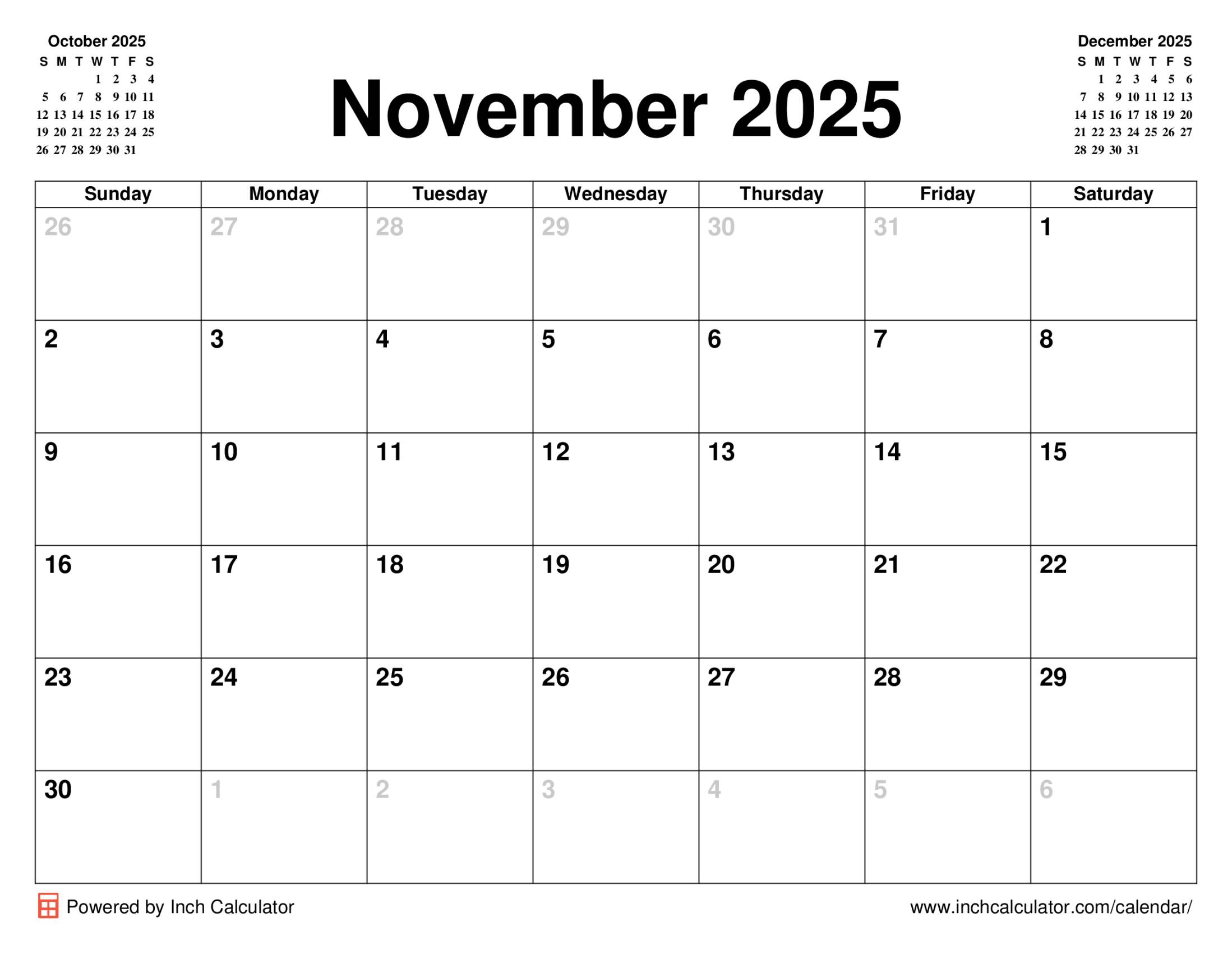 November 2025 Calendar Inch Calculator