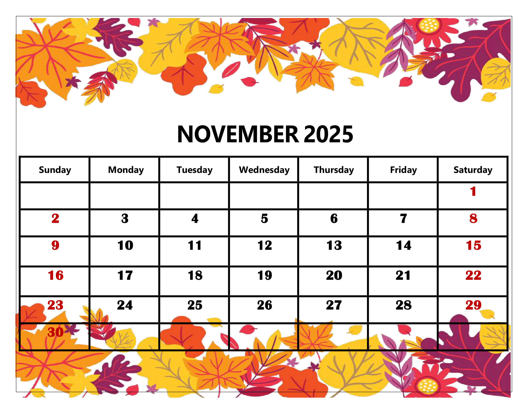 November 2025 Calendar Printable Kids