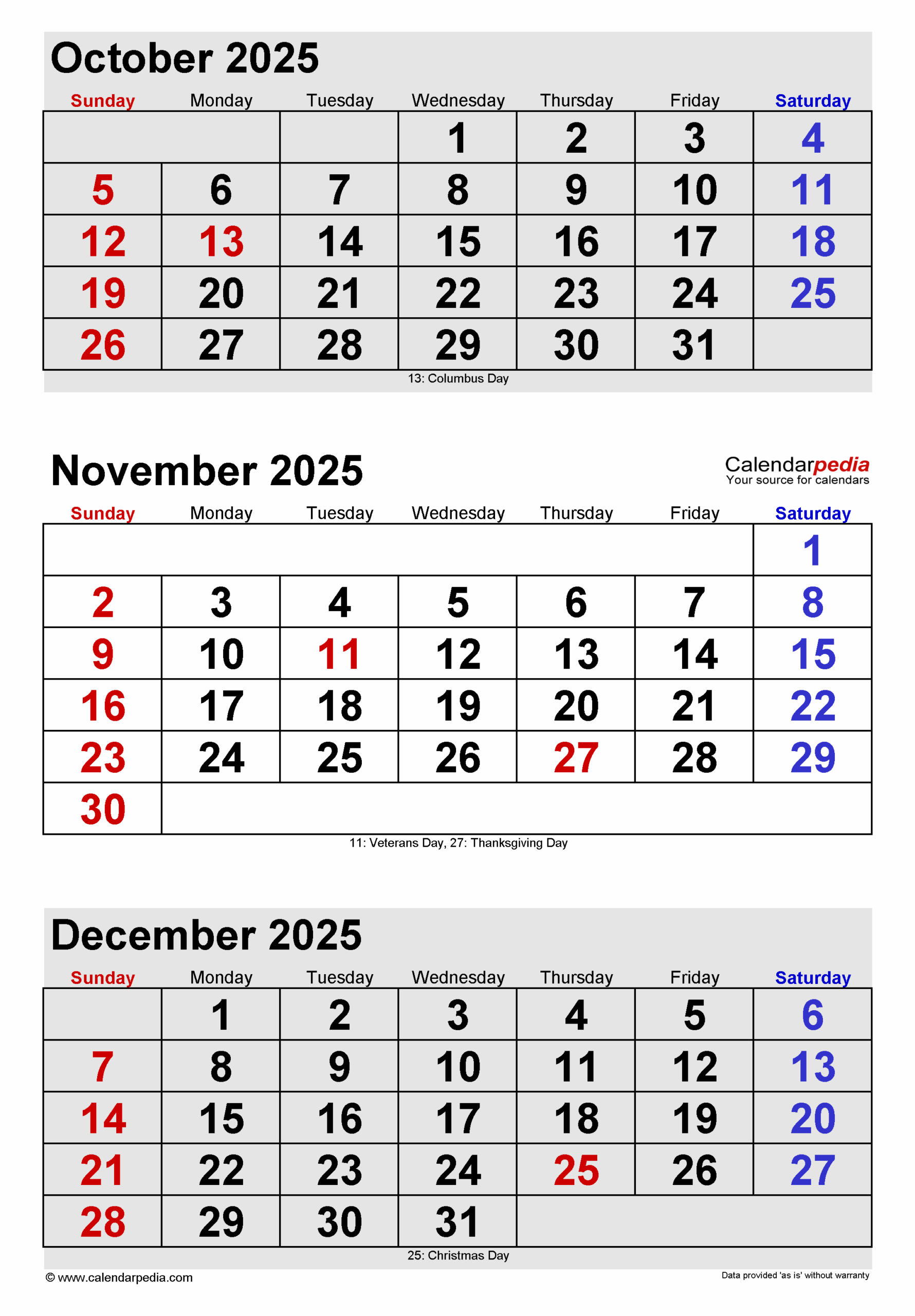 Printable Calendar October November December 2025