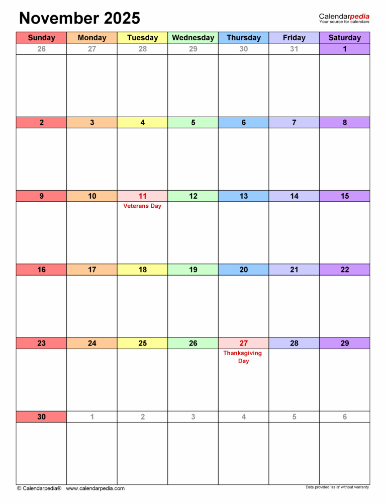 November 2025 Calendar Templates For PDF Excel And Word