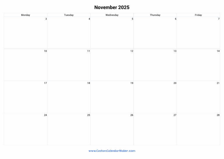 November 2025 Calendar Weekdays Only Monday To Friday Custom Calendar Maker