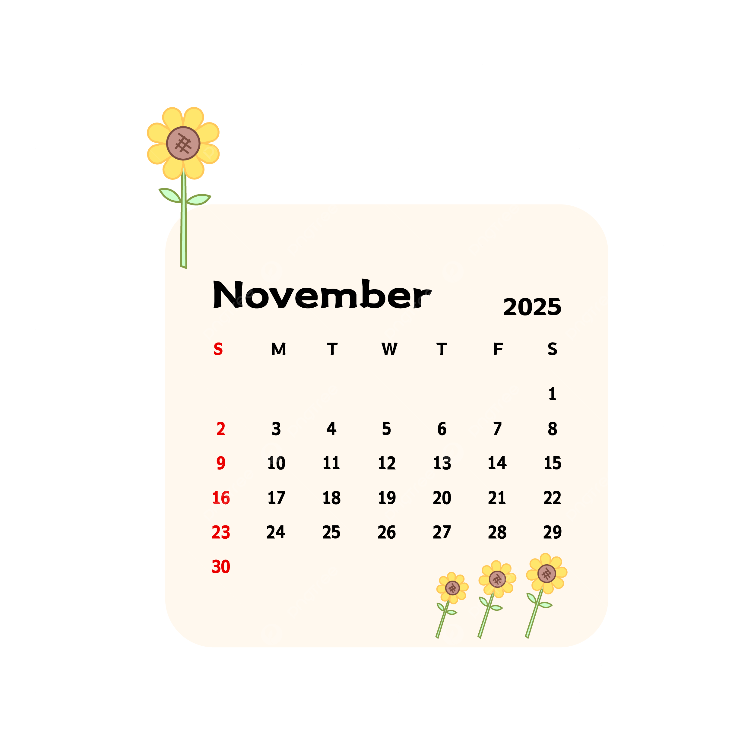 November 2025 Calendar With Cartoon Sunflowers Vector Calendar 