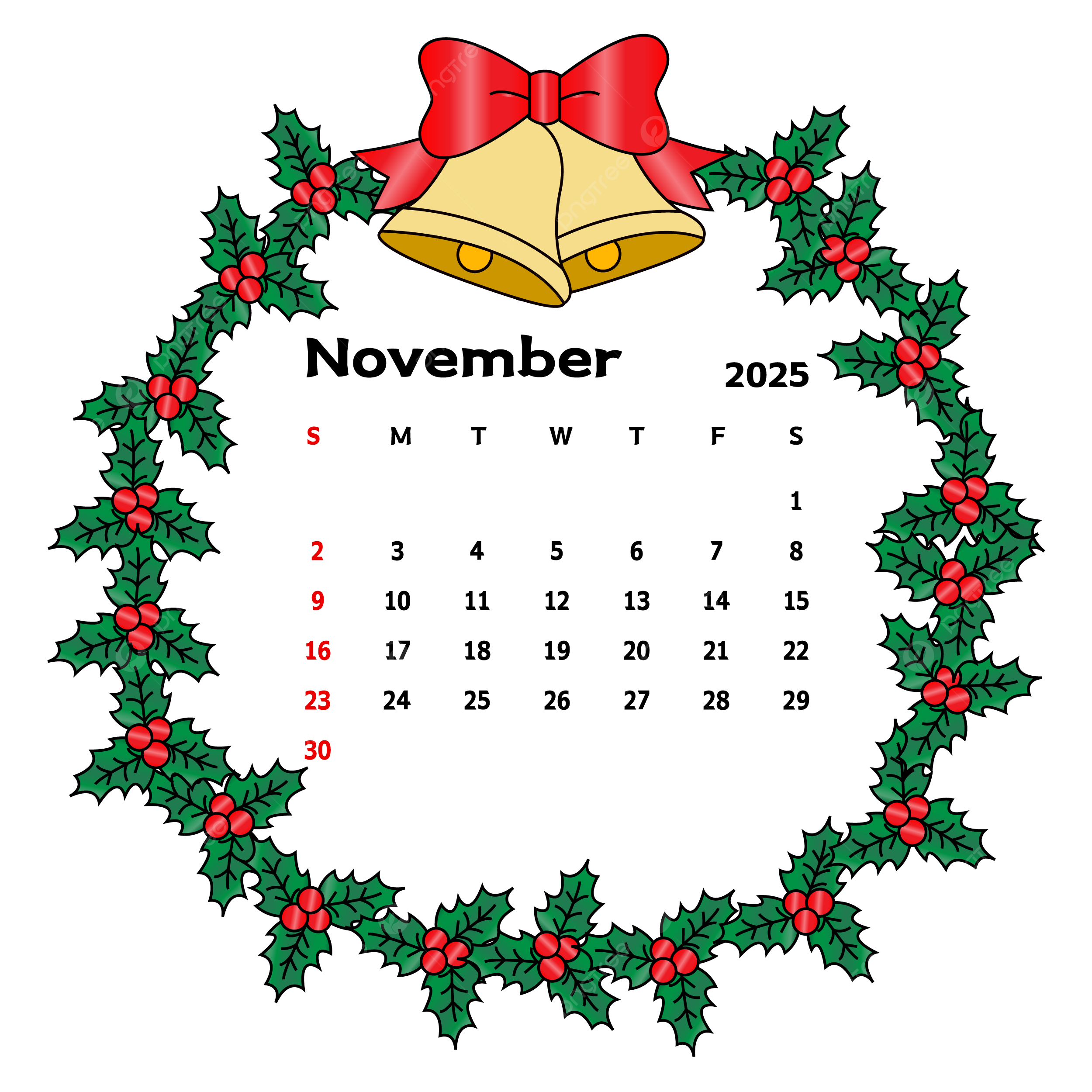 November 2025 Calendar With Leafy Circle Frame And Bells Vector Calendar November 2025 Leaf PNG And Vector With Transparent Background For Free Download