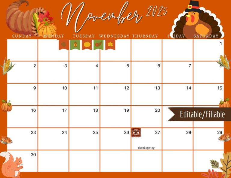 November 2025 Digital Calendar Orange Thanksgiving Planner Editable Fillable Printable Calendar For Planning PDF PNG And JPG Download Etsy UK