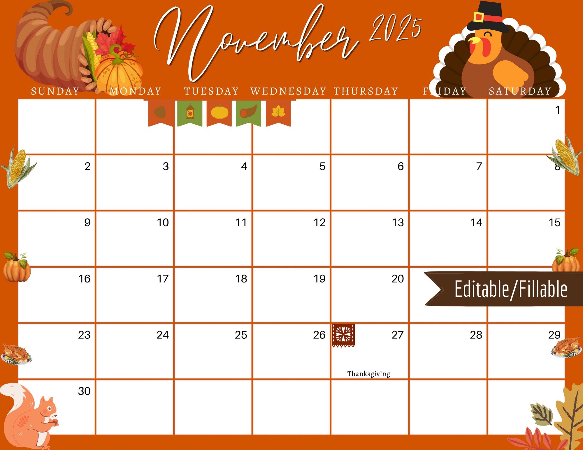 November 2025 Digital Calendar Orange Thanksgiving Planner Editable Fillable Printable Calendar For Planning PDF PNG And JPG Download Etsy UK
