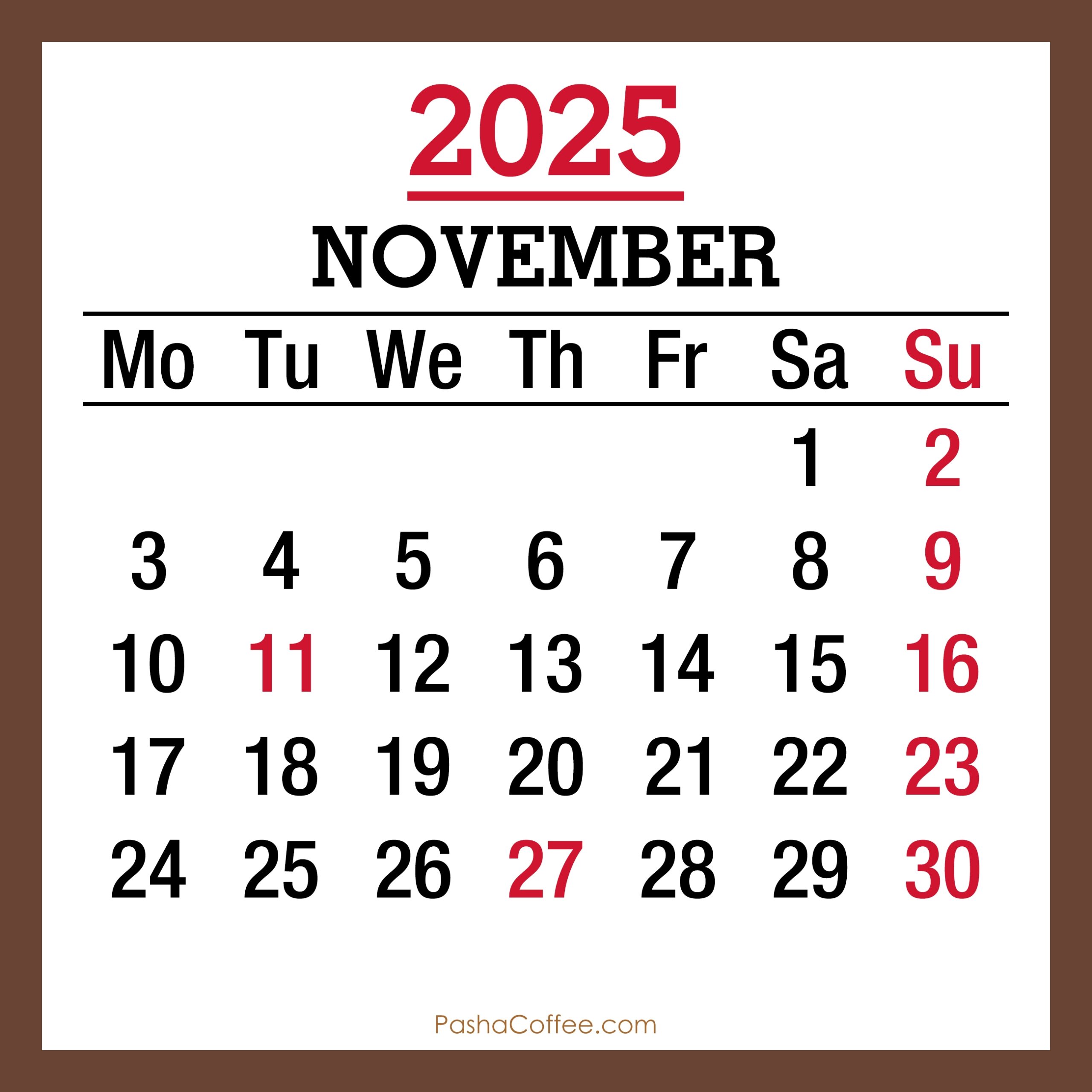 November 2025 Monthly Calendar With Holidays Printable Free 
