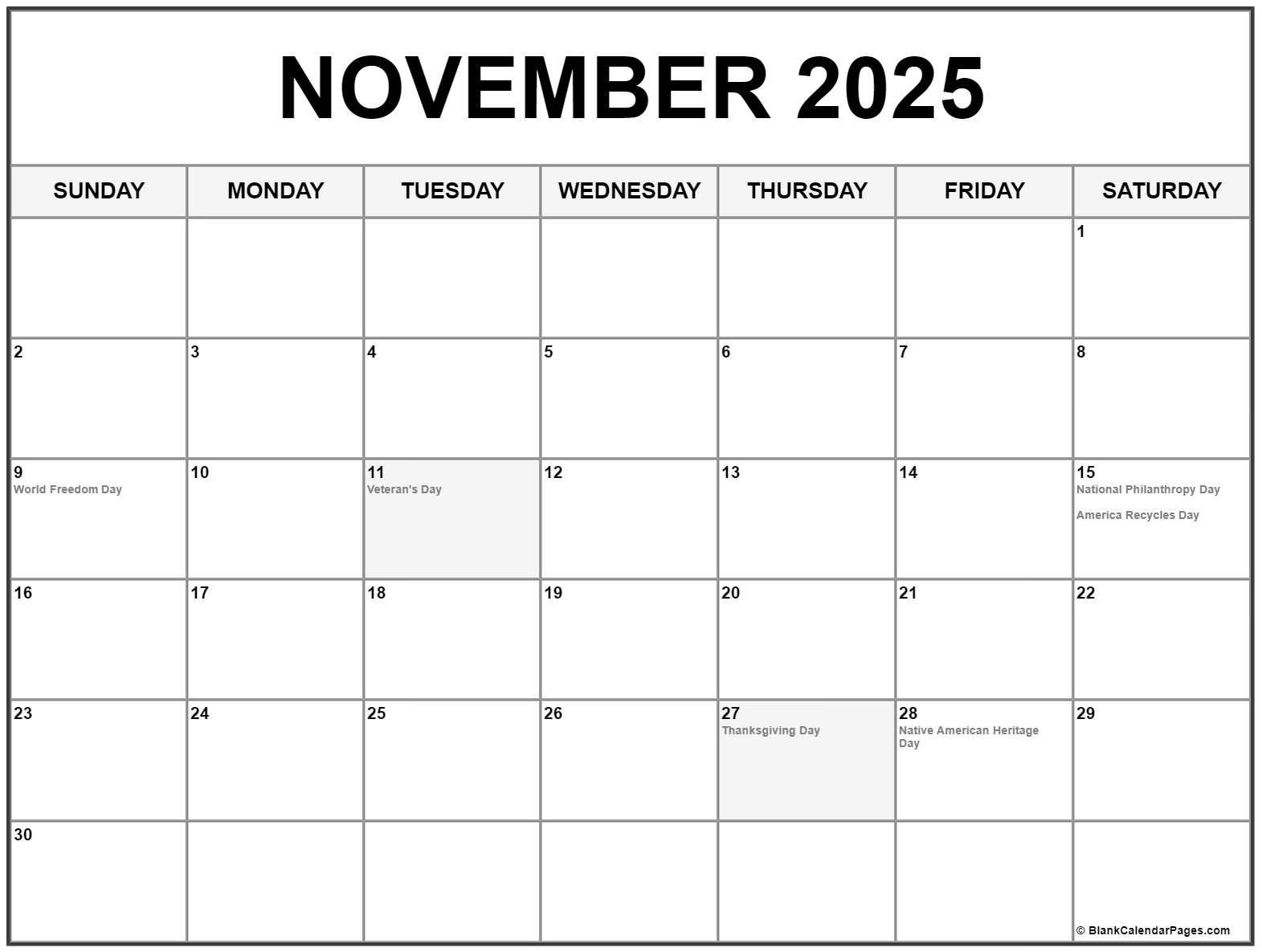 November 2025 With Holidays Calendar